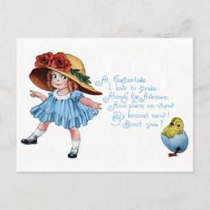 Meisje in Bonnet & Blauwe Kleding Vintage Pasen Feestdagenkaart