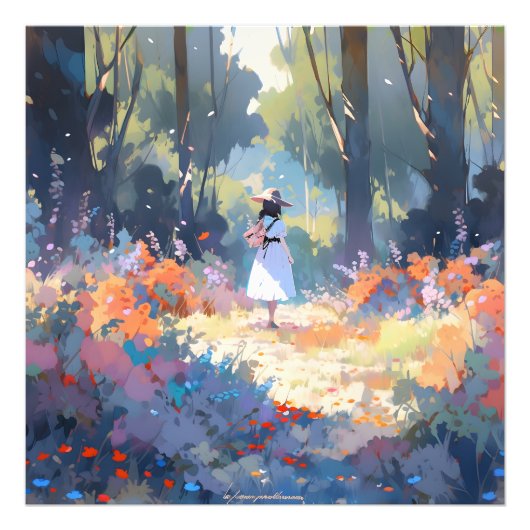 Meisje in bos anime impressionisme foto afdruk (Voorkant)