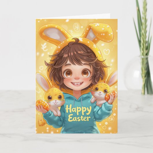 Meisje in Bunny Ear Hoodie Easter Kaart (Voorkant)