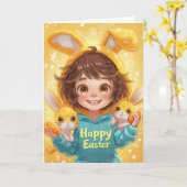 Meisje in Bunny Ear Hoodie Easter Kaart (Gele Bloem)