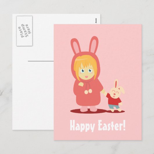 Meisje in bunny hoodie outfit voor Pasen Feestdagenkaart (Voorkant / Achterkant)