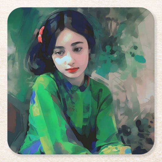 Meisje in de Groene Dress Kartonnen Onderzetters (Voorkant)