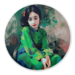 Meisje in de Groene Dress Keramische Knop