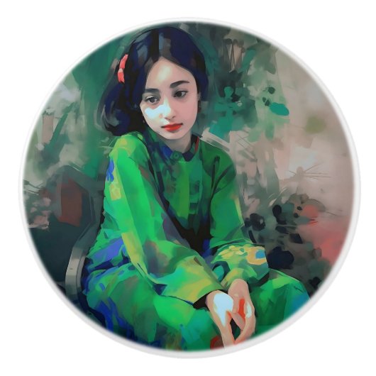 Meisje in de Groene Dress Keramische Knop (Voorkant)