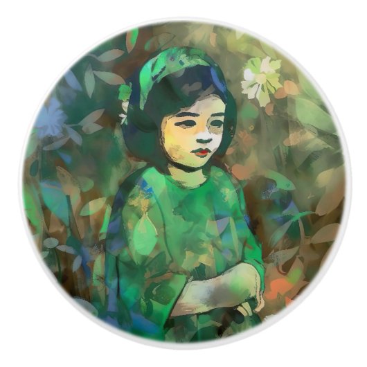 Meisje in de Groene Dress Keramische Knop (Voorkant)