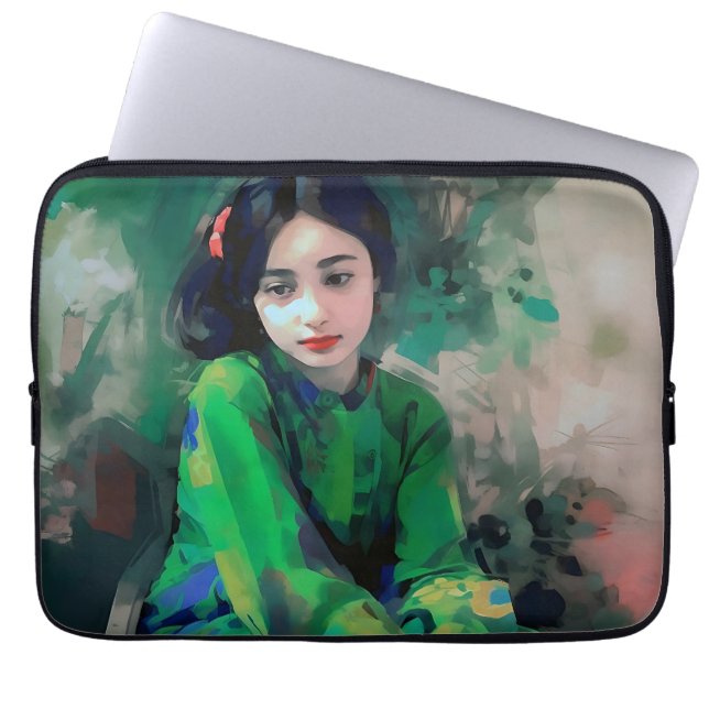 Meisje in de Groene Dress Laptop Sleeve (Voorkant)