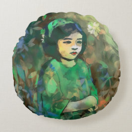 Meisje in de Groene Dress Rond Kussen