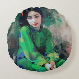 Meisje in de Groene Dress Rond Kussen