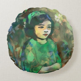 Meisje in de Groene Dress Rond Kussen