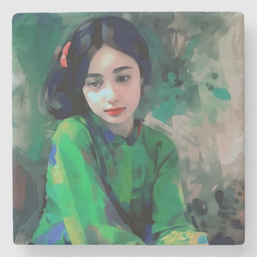 Meisje in de Groene Dress Stenen Onderzetter (Voorkant)