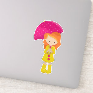 Meisje in de regenjas, meisje met paraplu, Oranje  Sticker