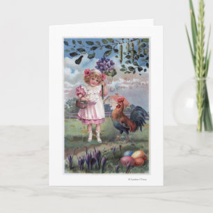 Meisje in de Roze Paarse Bloemen van de Holding Feestdagen Kaart