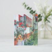 Meisje in de tuin met rode bloemen briefkaart (Staand voorkant)