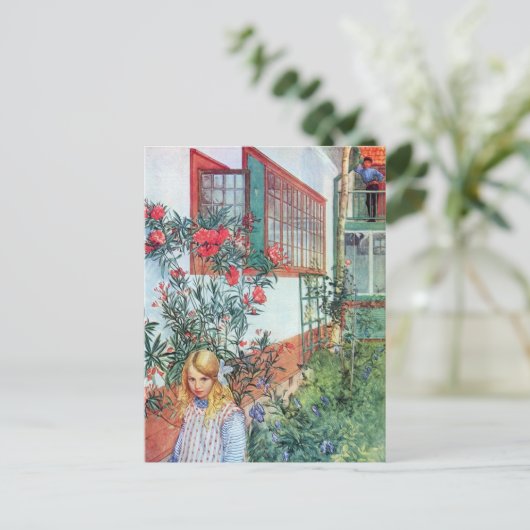 Meisje in de tuin met rode bloemen briefkaart (Staand voorkant)