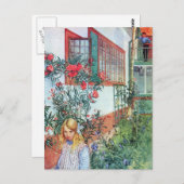 Meisje in de tuin met rode bloemen briefkaart (Voorkant / Achterkant)