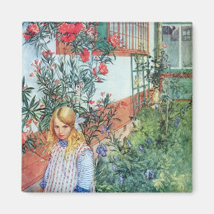 Meisje in de tuin met rode bloemen magneet