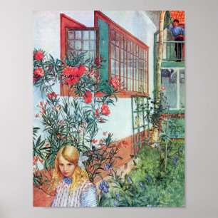 Meisje in de tuin met rode bloemen poster