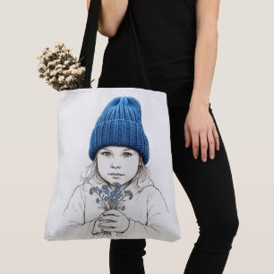 Meisje in een blauwe gebreide hoed tote bag