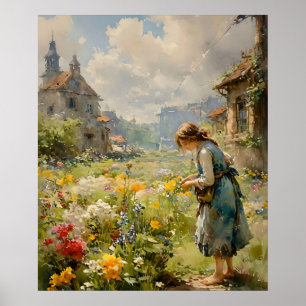 Meisje in een bloeiende tuin, impressionistische s poster