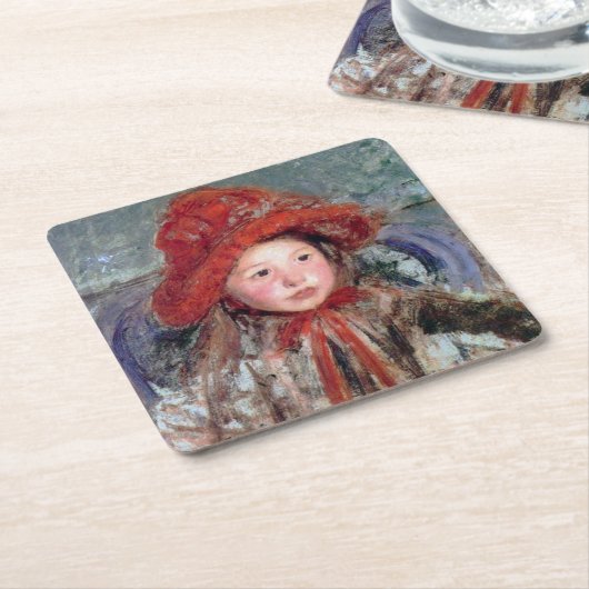 Meisje in een groot rood Pet, Mary Cassatt Kartonnen Onderzetters (Schuin)