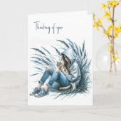 Meisje in een hoodie met een huiskat kaart (Gele Bloem)