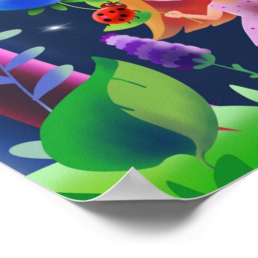 meisje in een magisch bos met bloemen en een vogel poster (Hoek)