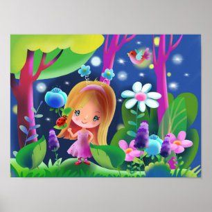 meisje in een magisch bos met bloemen en een vogel poster