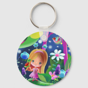 meisje in een magisch bos met bloemen en een vogel sleutelhanger