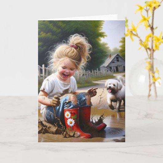 Meisje In Een Modderplas Verjaardag Kaart (Gele Bloem)