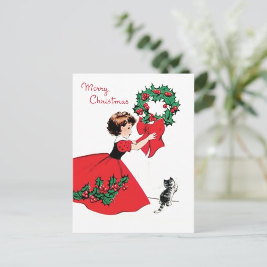 Meisje in een rode jurk met kerstkreet en een kat briefkaart (Staand voorkant)