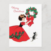 Meisje in een rode jurk met kerstkreet en een kat briefkaart (Voorkant)