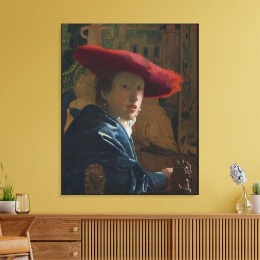 Meisje in een rood Pet Vermeer Canvas Afdruk (Insitu (Woonkamer))