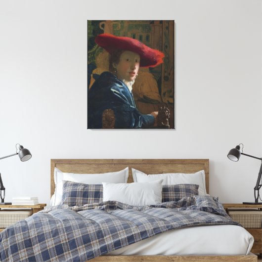 Meisje in een rood Pet Vermeer Canvas Afdruk (Insitu (Slaapkamer))