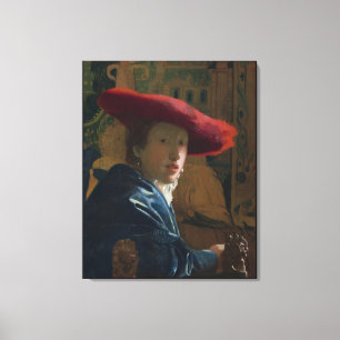 Meisje in een rood Pet Vermeer Canvas Afdruk