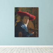 Meisje in een rood Pet Vermeer Canvas Afdruk (Insitu (Houten vloer))