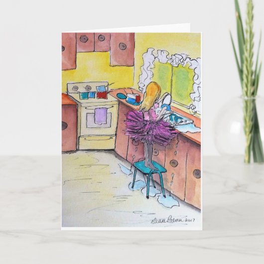 Meisje in een Roze Tutu, Folk Art schilderij Print Kaart (Voorkant)