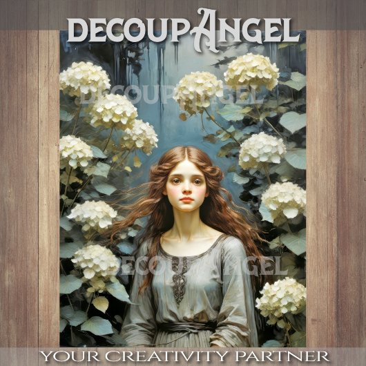 Meisje in een tuin van hortensia's - Decoupage - Tissuepapier