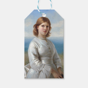 Meisje in een witte zijden jurk voor de heilige co cadeaulabel
