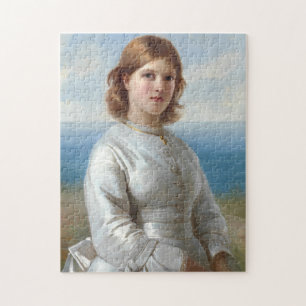 Meisje in een witte zijden jurk voor de heilige co legpuzzel
