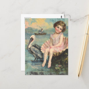 Meisje in een zeeschelp en een pelikaan briefkaart