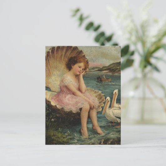 Meisje in een zeeschelp en pelikanen briefkaart (Staand voorkant)