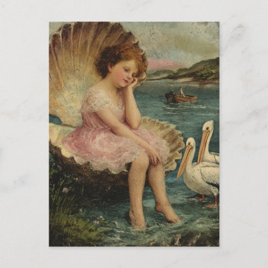Meisje in een zeeschelp en pelikanen briefkaart (Voorkant)