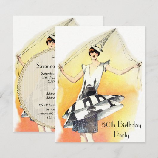 meisje in Eiffel Tower Costume 50th Birthday Kaart (Voorkant / Achterkant)