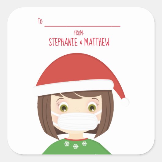 Meisje in Face Mask Kerstmis 2020 Vierkante Sticker (Voorkant)