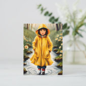 Meisje in gele regenjas briefkaart (Staand voorkant)
