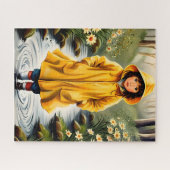 Meisje in gele regenjas Illustratie Legpuzzel (Horizontaal)