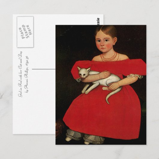 Meisje in het rood met haar kat en hond briefkaart (Voorkant / Achterkant)