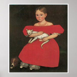 Meisje in het rood met haar kat en hond c. 1834-36 poster