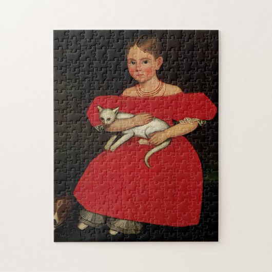 Meisje in het rood met haar kat en hond legpuzzel (Verticaal)