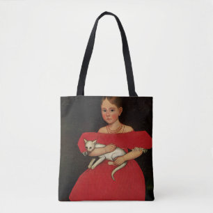 Meisje in het rood met haar kat en hond tote bag